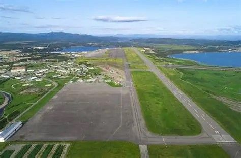 Aerial view of the airfield, the town of Stephenville and St. George's Bay.